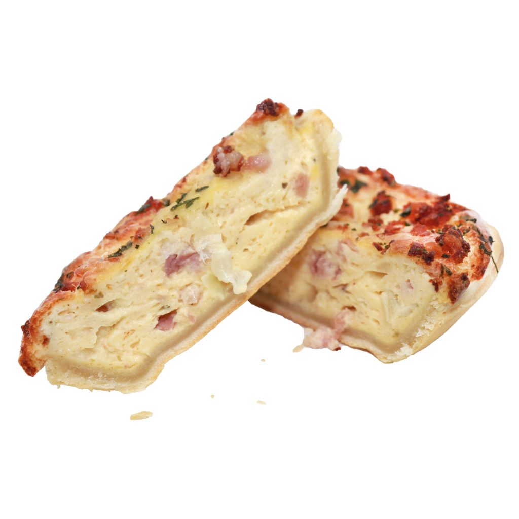 Homestyle Bake's Small Quiche, something light, open topped pastry shell encasing egg, diced bacon, cream and herbs.